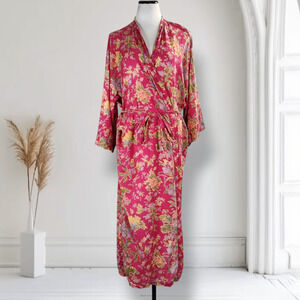 Handprint Floral Kimono Robe Vintage Boho Lounge Wrap Plus Size